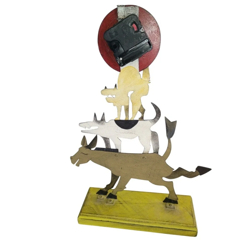 Whimsical Folk Art Wooden Shelf Clock Town Musician Bremen Donkey Dog Cat Signed